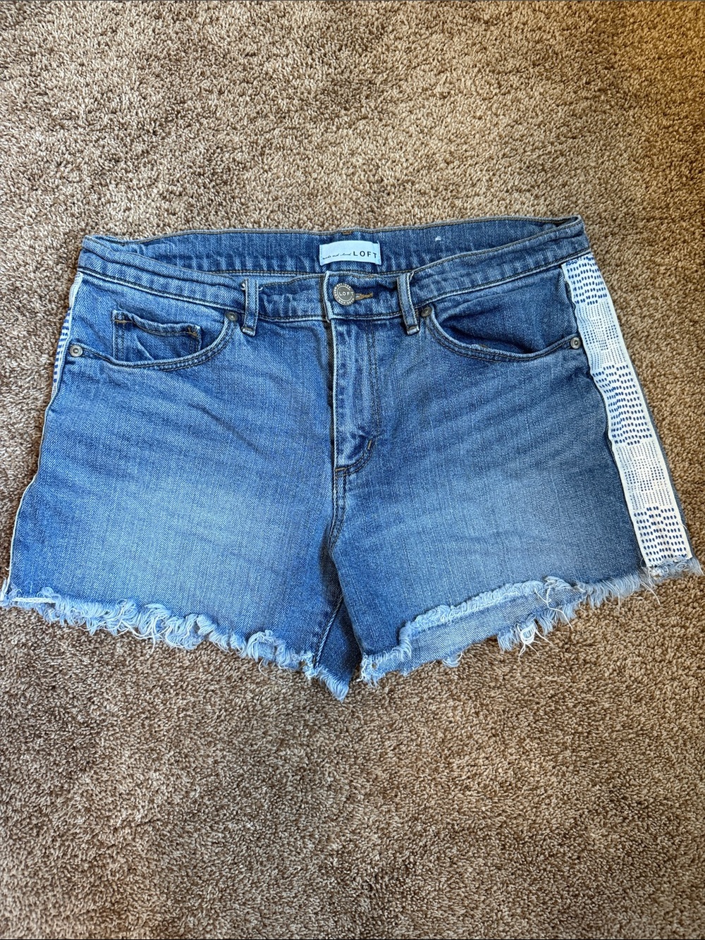 LOFT Blue Denim Frayed Hem Shorts with Side Embellishment